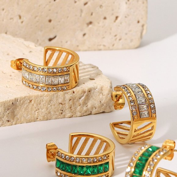 CC Zirconia Hoop Earrings 18K Gold Plated Stainless Steel - Picture 7 of 7